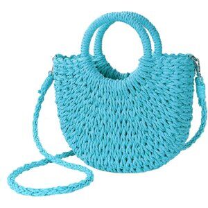 Women's Blue Straw Beach Woven Cross Body Shoulder Top Handle Satchel Handbag